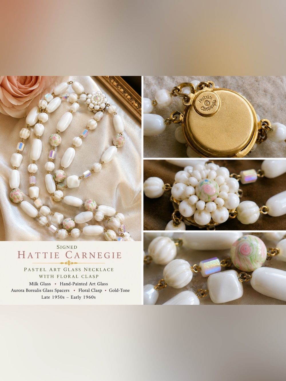 Signed Hattie Carnegie Milk Glass with Hand Painted Glass Floral Necklace